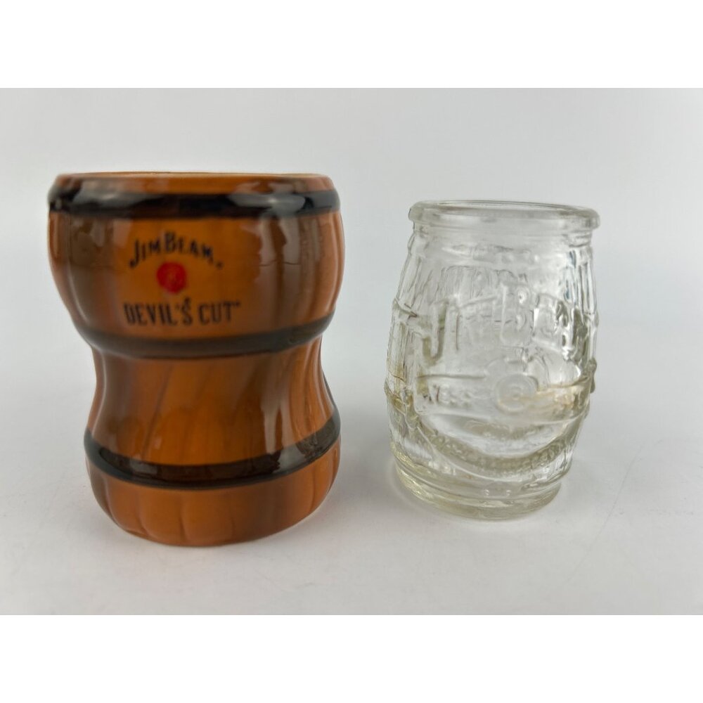 Jim Beam Devils Cut Barrel Ceramic & Glass Barrel Vintage Shot Glass Set